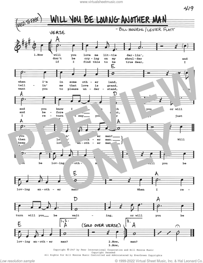 Will You Be Loving Another Man sheet music for voice and other instruments (real book with lyrics) by Bill Monroe and Lester Flatt, intermediate skill level