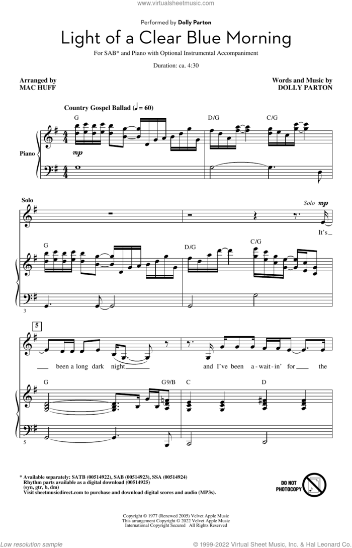 Light Of A Clear Blue Morning (arr. Mac Huff) sheet music for choir (SAB: soprano, alto, bass) by Dolly Parton and Mac Huff, intermediate skill level