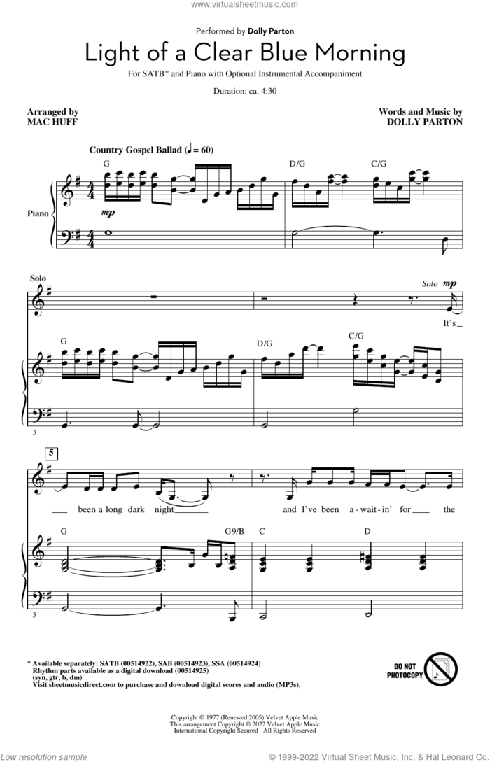 Light Of A Clear Blue Morning (arr. Mac Huff) sheet music for choir (SATB: soprano, alto, tenor, bass) by Dolly Parton and Mac Huff, intermediate skill level
