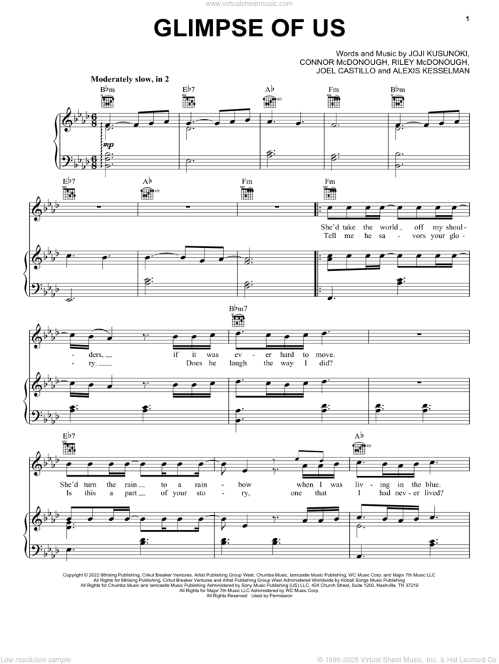 Glimpse Of Us sheet music for voice, piano or guitar by Joji, Alexis Kesselman, Connor McDonough, Joel Castillo, Joji Kusunoki and Riley McDonough, intermediate skill level