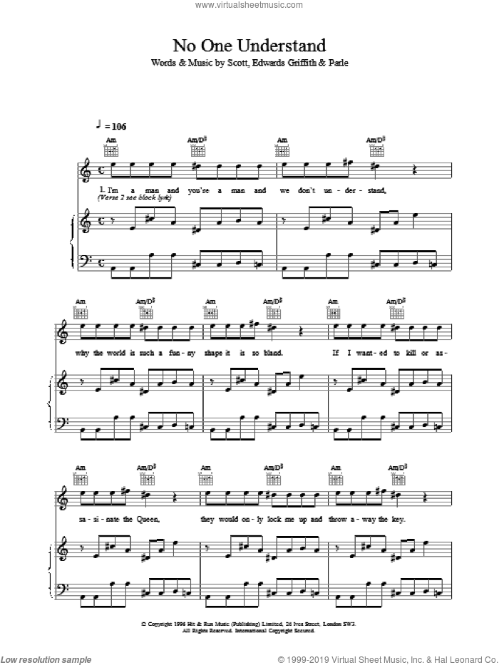 No One Understand sheet music for voice, piano or guitar, intermediate skill level