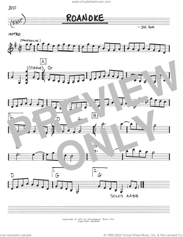 Roanoke sheet music for voice and other instruments (real book with lyrics) by Bill Monroe and Joe Ahr, intermediate skill level
