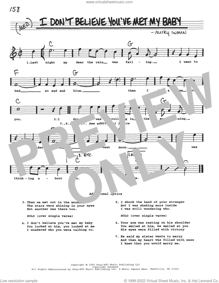 I Don't Believe You've Met My Baby sheet music for voice and other instruments (real book with lyrics) by The Louvin Brothers and Autry Inman, intermediate skill level
