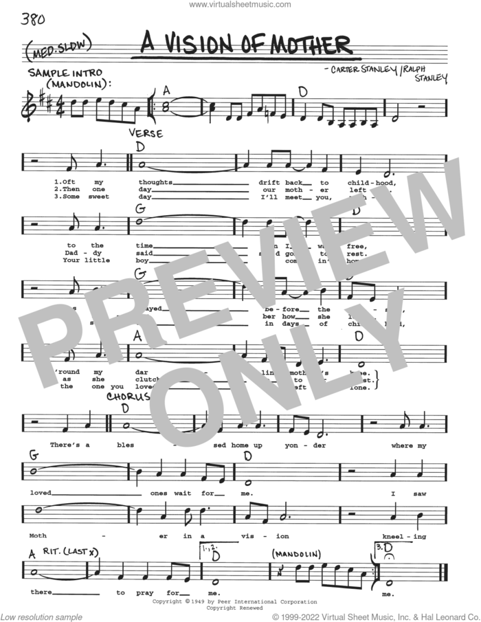 A Vision Of Mother sheet music for voice and other instruments (real book with lyrics) by Carter Stanley and Ralph Stanley, intermediate skill level