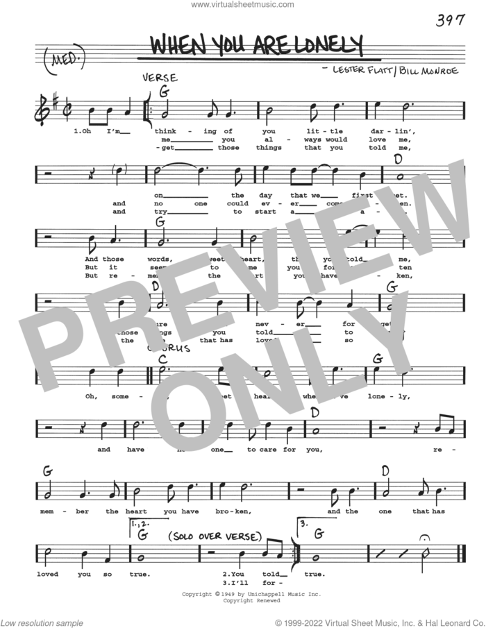 When You Are Lonely sheet music for voice and other instruments (real book with lyrics) by Lester Flatt and Bill Monroe, intermediate skill level
