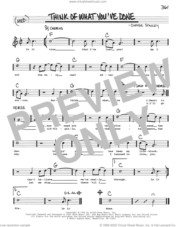 Think Of What You've Done sheet music for voice and other instruments (real book with lyrics) by Carter Stanley, intermediate skill level