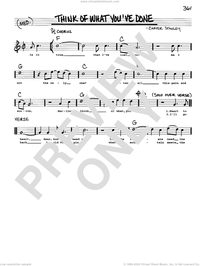 Think Of What You've Done sheet music for voice and other instruments (real book with lyrics) by Carter Stanley, intermediate skill level
