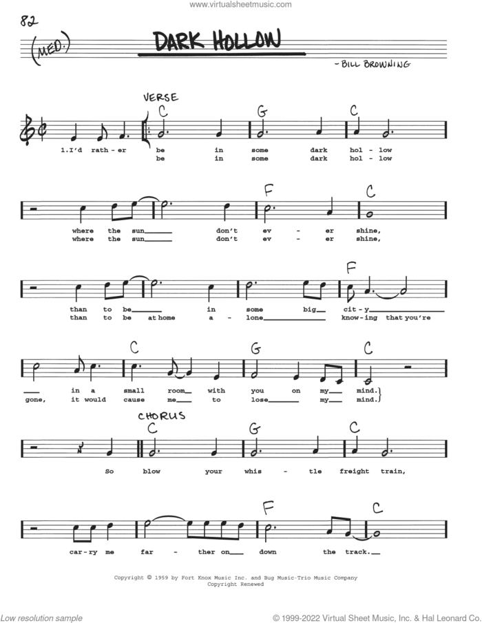 Dark Hollow sheet music for voice and other instruments (real book with lyrics) by Grateful Dead and Bill Browning, intermediate skill level
