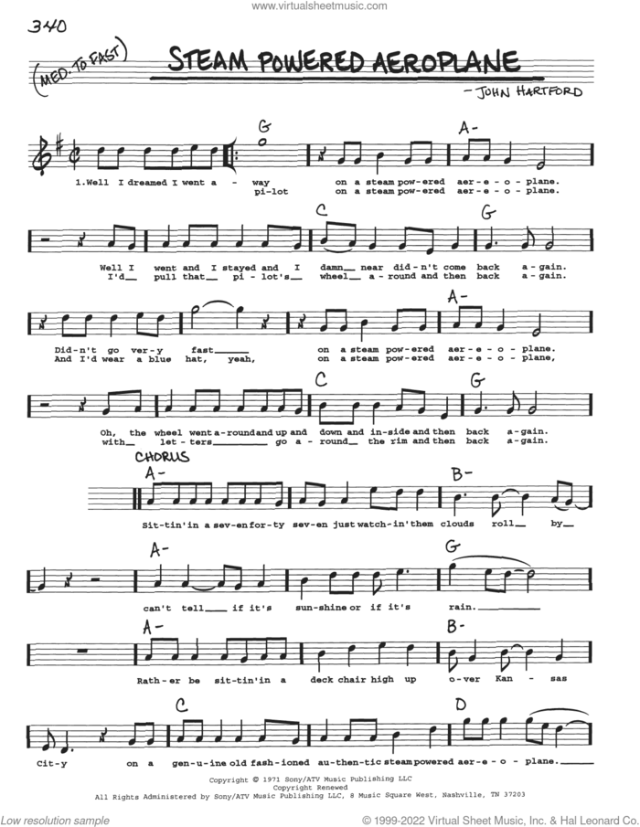Steam Powered Aeroplane sheet music for voice and other instruments (real book with lyrics) by John Hartford, intermediate skill level