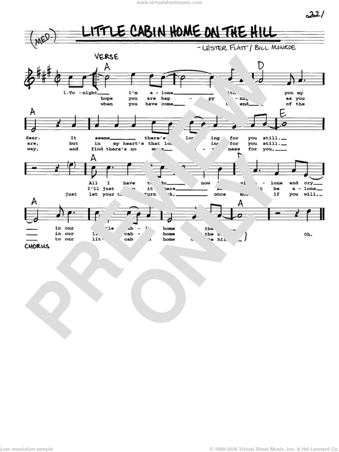 Little Cabin Home On The Hill sheet music for voice and other instruments (real book with lyrics) by Lester Flatt and Bill Monroe, intermediate skill level
