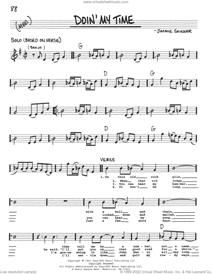 Doin' My Time sheet music for voice and other instruments (real book with lyrics) by Johnny Cash and Jimmie Skinner, intermediate skill level