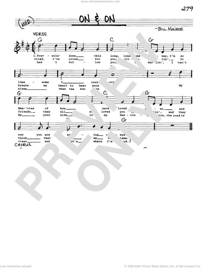 On and On sheet music for voice and other instruments (real book with lyrics) by Bill Monroe, intermediate skill level