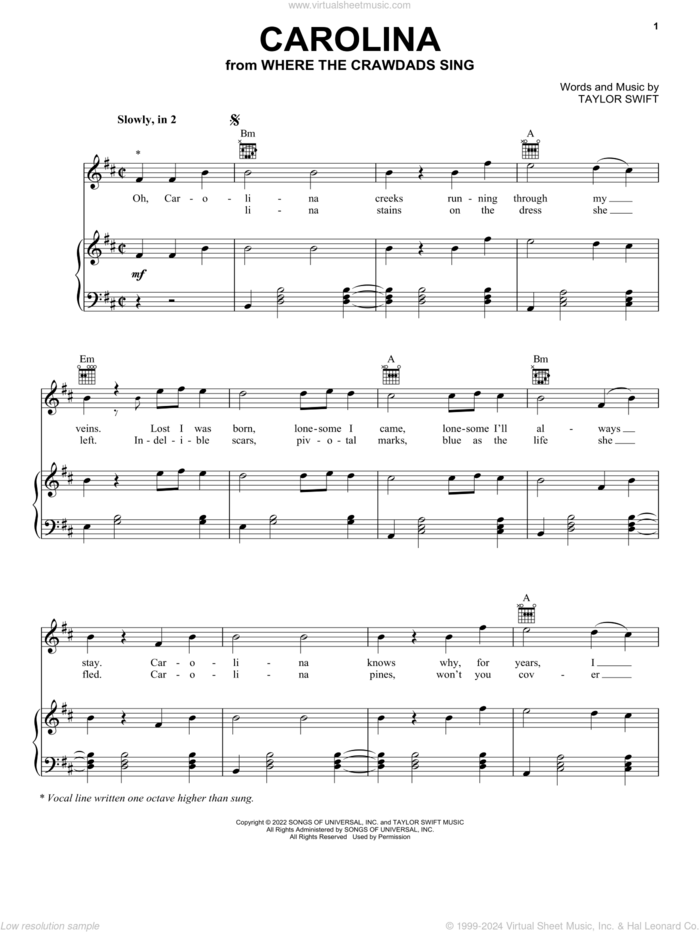 Carolina (from Where The Crawdads Sing) sheet music for voice, piano or guitar by Taylor Swift, intermediate skill level