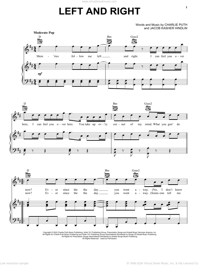 Left And Right (feat. Jung Kook of BTS) sheet music for voice, piano or guitar by Charlie Puth and Jacob Kasher Hindlin, intermediate skill level