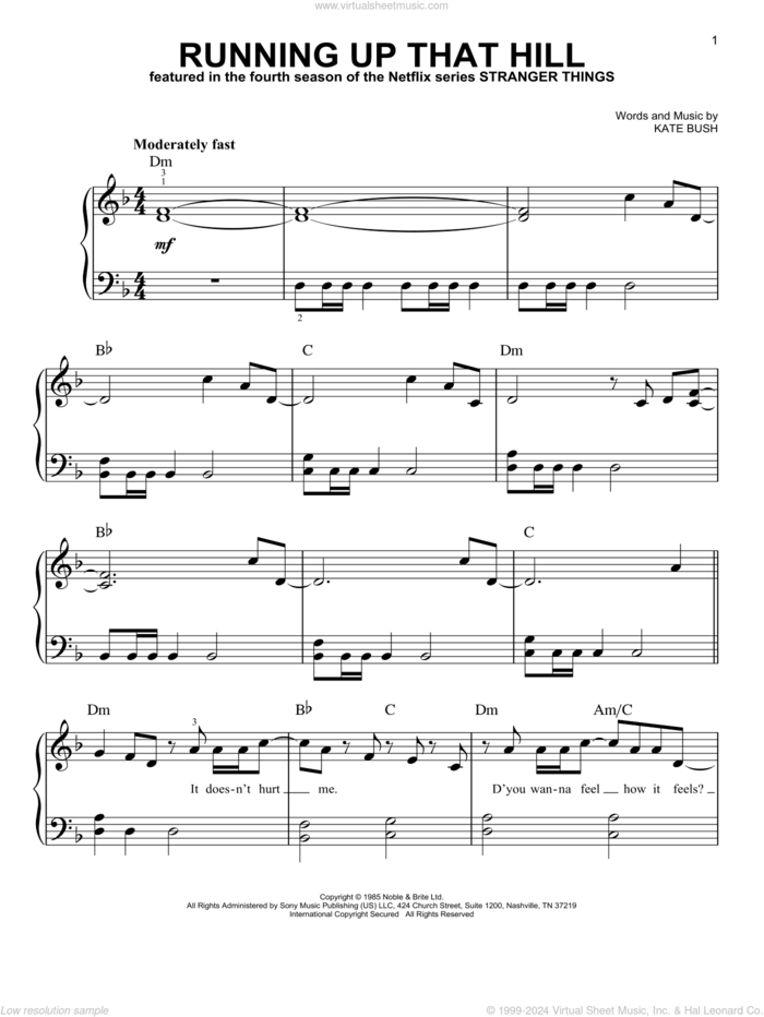 Running Up That Hill, (easy) sheet music for piano solo by Kate Bush, easy skill level