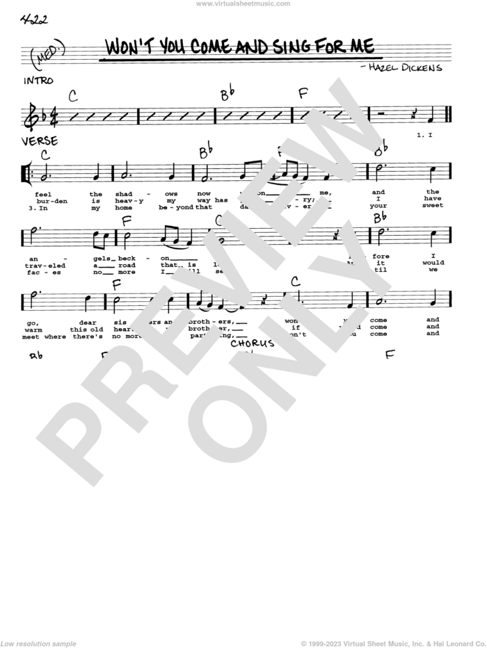 Won't You Come And Sing For Me sheet music for voice and other instruments (real book with lyrics) by Hazel Dickens, intermediate skill level