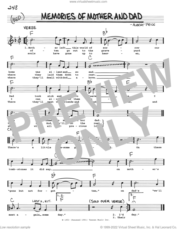 Memories Of Mother And Dad sheet music for voice and other instruments (real book with lyrics) by Albert Price, intermediate skill level