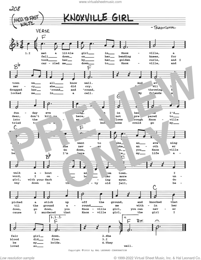 Knoxville Girl sheet music for voice and other instruments (real book with lyrics), intermediate skill level
