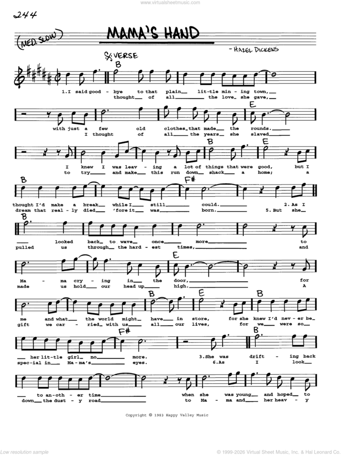 Mama's Hand sheet music for voice and other instruments (real book with lyrics) by Hazel Dickens, intermediate skill level