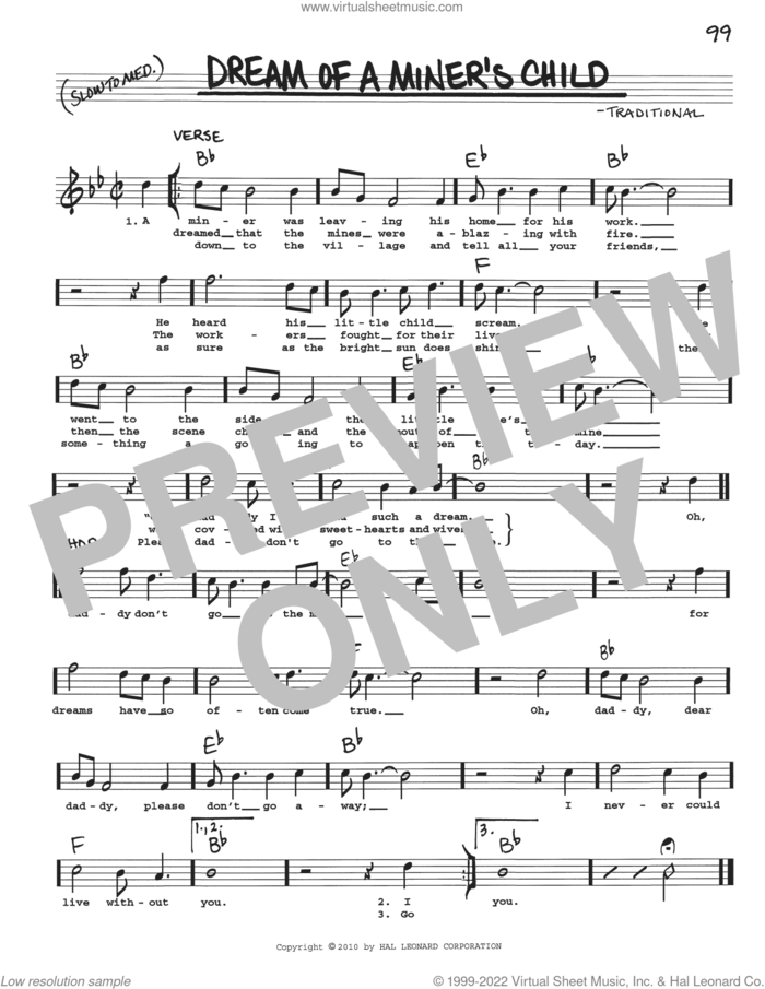 Dream Of A Miner's Child sheet music for voice and other instruments (real book with lyrics), intermediate skill level