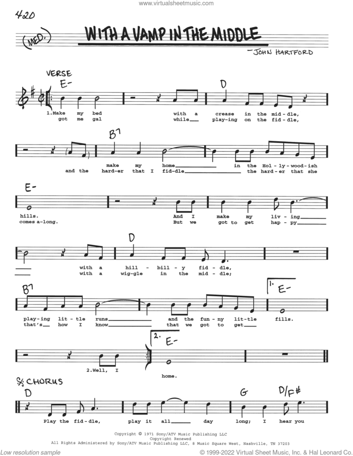 With A Vamp In The Middle sheet music for voice and other instruments (real book with lyrics) by John Hartford, intermediate skill level