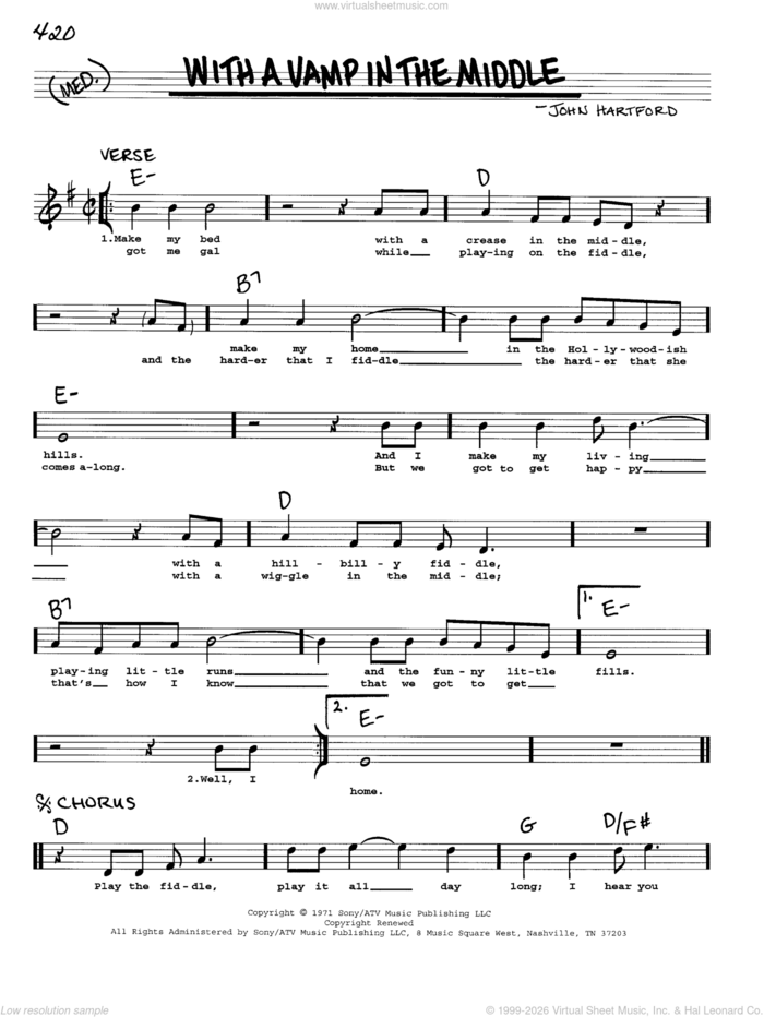 With A Vamp In The Middle sheet music for voice and other instruments (real book with lyrics) by John Hartford, intermediate skill level