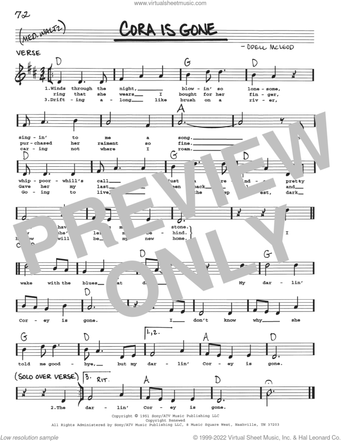 Cora Is Gone sheet music for voice and other instruments (real book with lyrics) by Odell McLeod, intermediate skill level