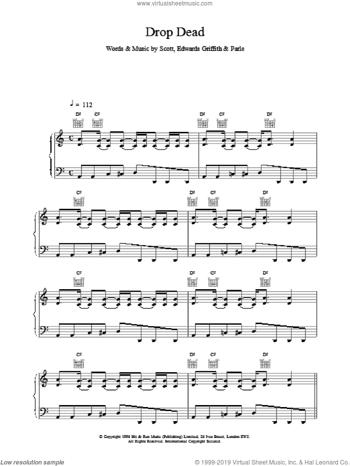 Drop Dead sheet music for voice, piano or guitar, intermediate skill level
