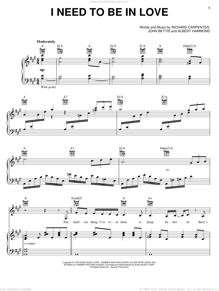 I Need To Be In Love sheet music for voice, piano or guitar by Carpenters, Albert Hammond, John Bettis and Richard Carpenter, intermediate skill level
