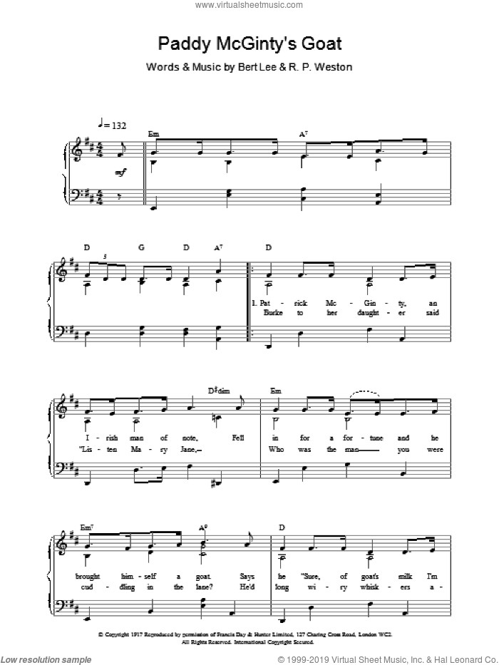 Paddy McGintys Goat sheet music for voice, piano or guitar by Bert Lee and R.P Weston, intermediate skill level