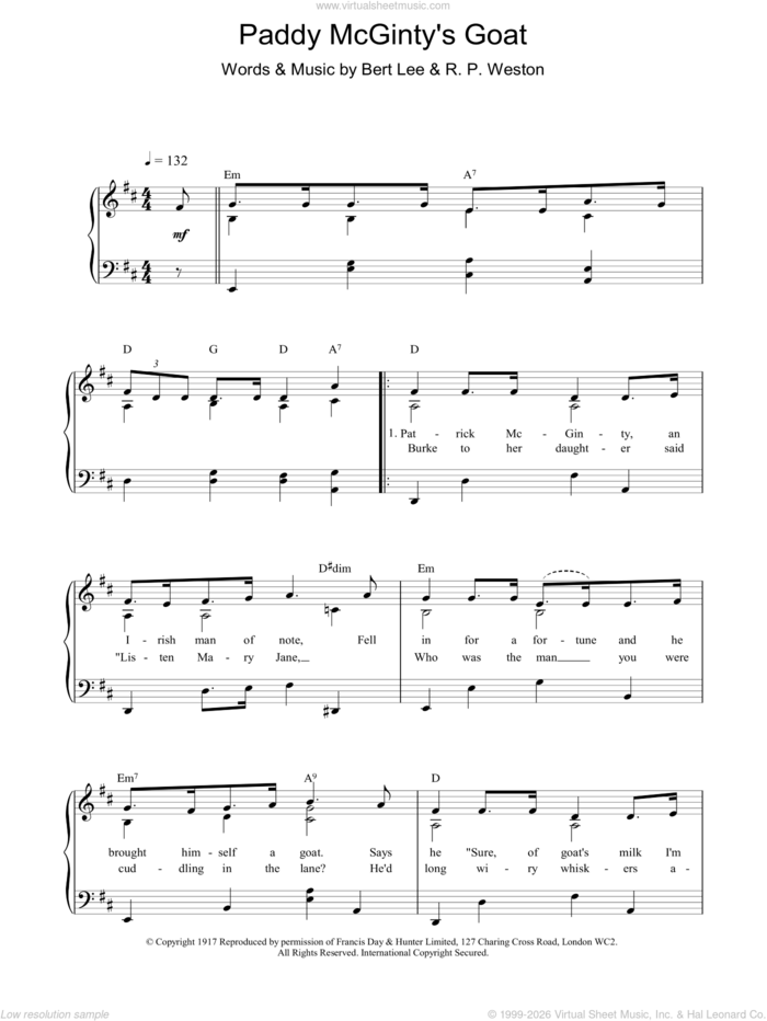 Paddy McGintys Goat sheet music for voice, piano or guitar by Bert Lee and R.P Weston, intermediate skill level