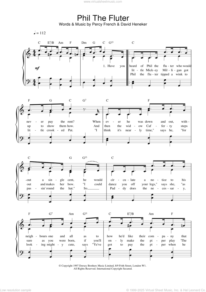 Phil The Fluter sheet music for voice, piano or guitar by Percy French, David Hencker and David Heneker, intermediate skill level