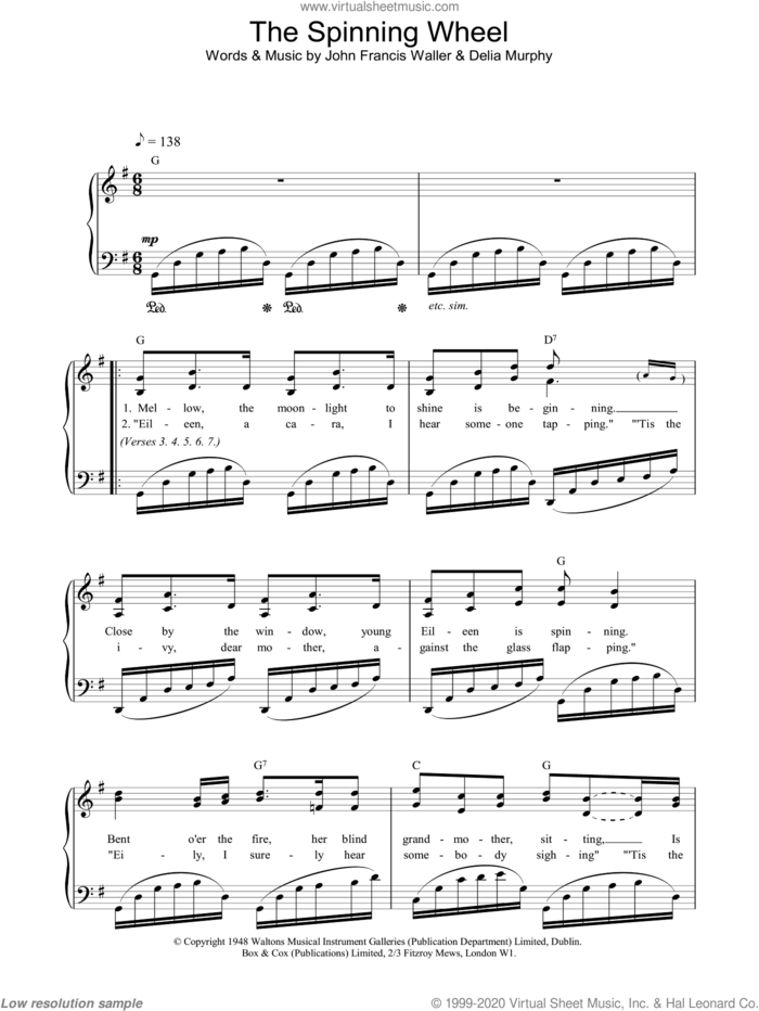 The Spinning Wheel sheet music for piano solo by Delia Murphy and John Francis Waller, easy skill level