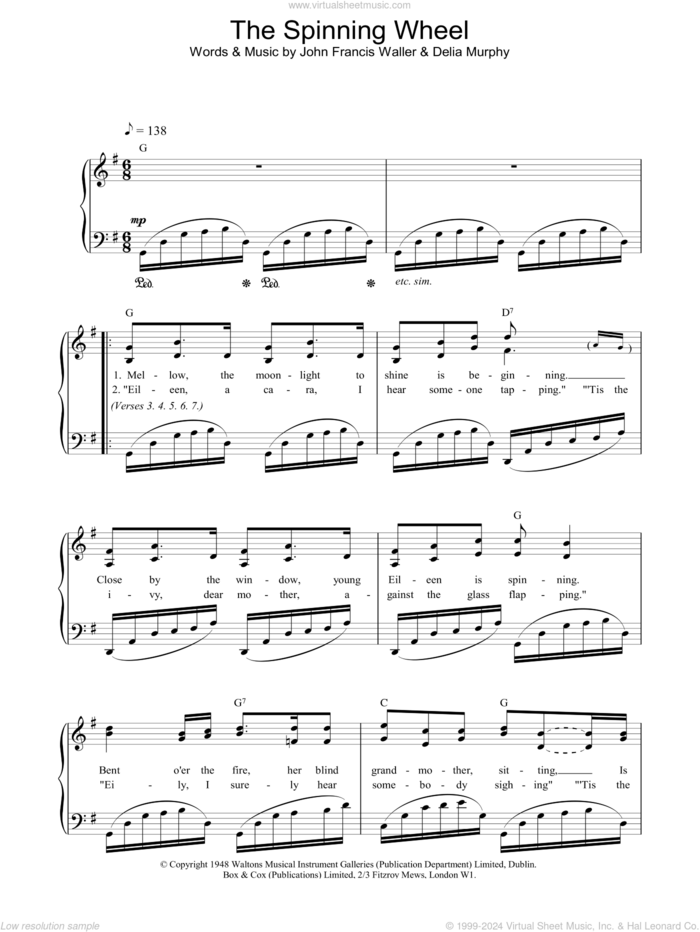 The Spinning Wheel sheet music for piano solo by Delia Murphy and John Francis Waller, easy skill level