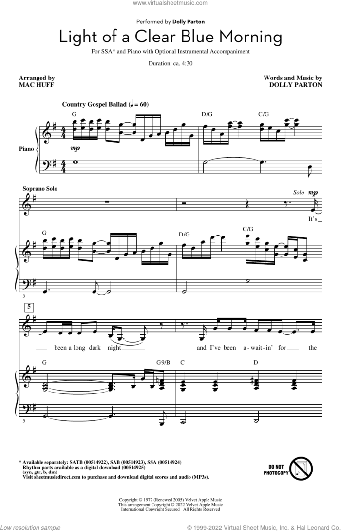 Light Of A Clear Blue Morning (arr. Mac Huff) sheet music for choir (SSA: soprano, alto) by Dolly Parton and Mac Huff, intermediate skill level