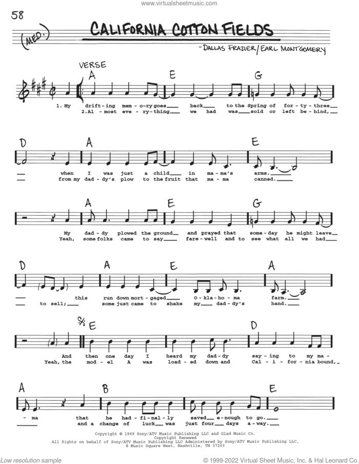 California Cotton Fields sheet music for voice and other instruments (real book with lyrics) by Earl Montgomery and Dallas Frazier, intermediate skill level