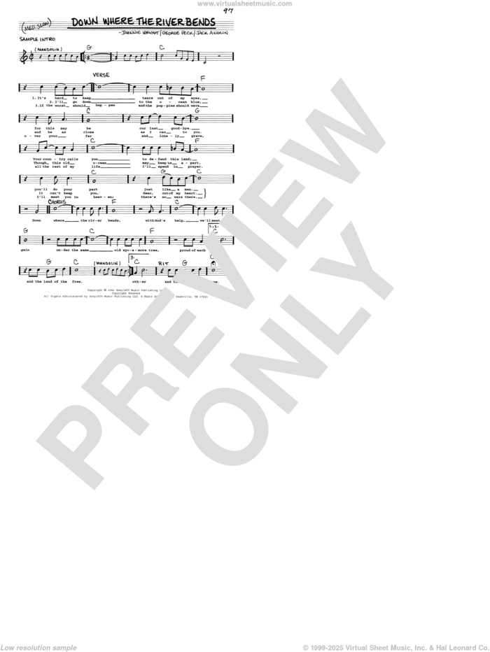 Down Where The River Bends sheet music for voice and other instruments (real book with lyrics) by Jack Anglin, George Peck and Johnnie Wright, intermediate skill level