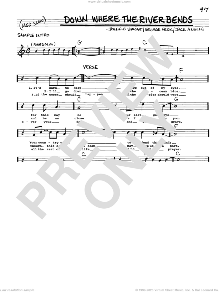 Down Where The River Bends sheet music for voice and other instruments (real book with lyrics) by Jack Anglin, George Peck and Johnnie Wright, intermediate skill level