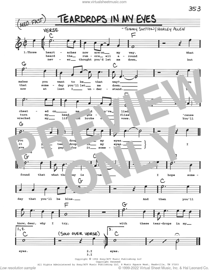 Teardrops In My Eyes sheet music for voice and other instruments (real book with lyrics) by Harley Allen and Tommy Sutton, intermediate skill level