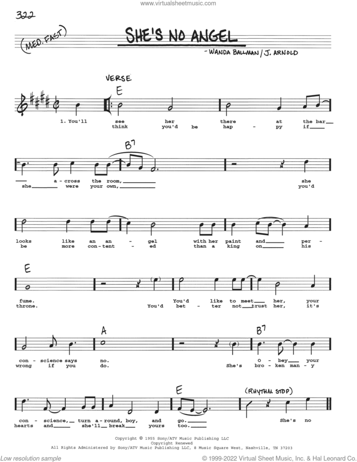 She's No Angel sheet music for voice and other instruments (real book with lyrics) by Wanda Ballman and J. Arnold, intermediate skill level