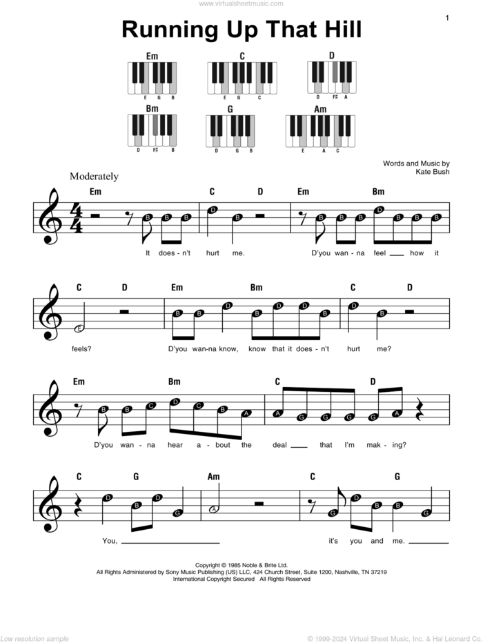Running Up That Hill, (beginner) sheet music for piano solo by Kate Bush, beginner skill level