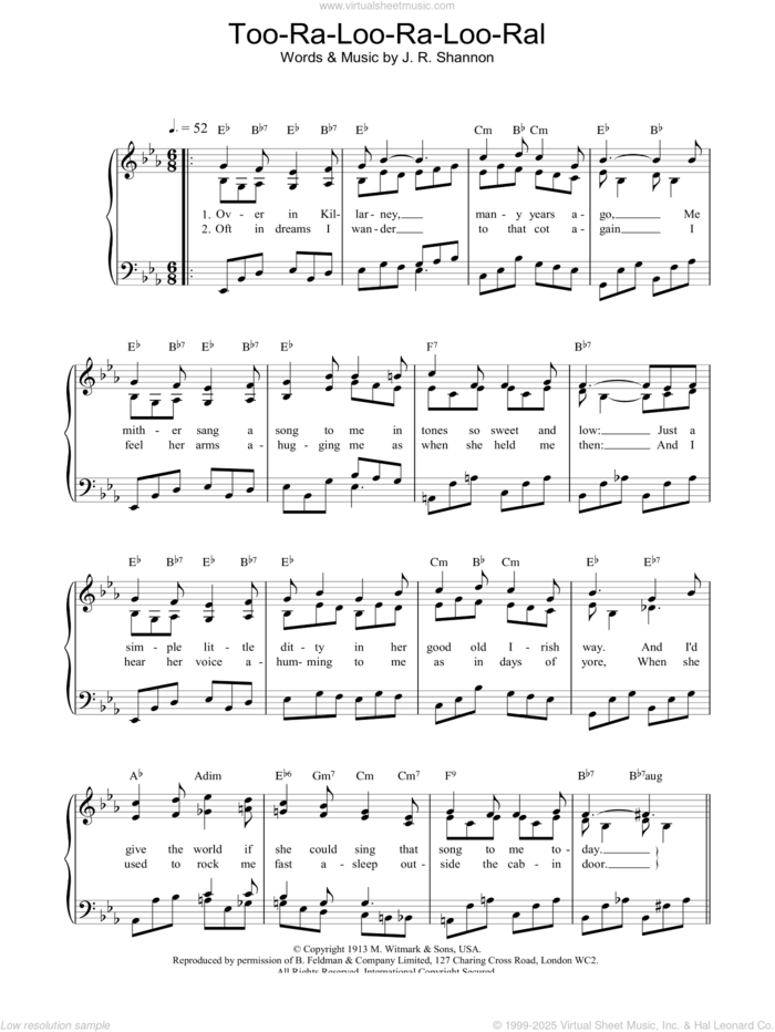 Too Ra Loo Ra Loo Ral sheet music for voice, piano or guitar by James R. Shannon, intermediate skill level