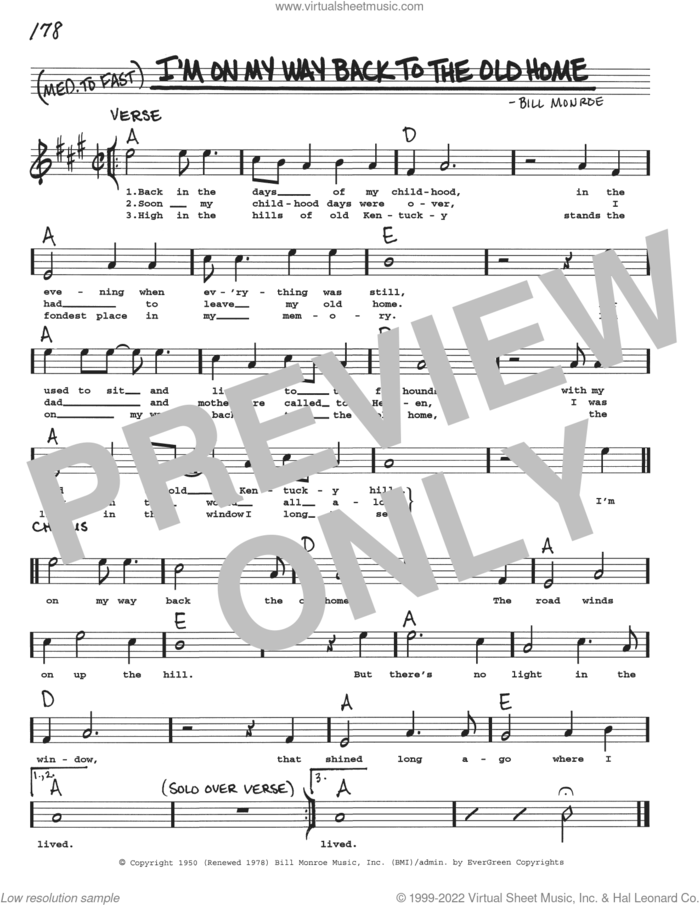 I'm On My Way Back To The Old Home sheet music for voice and other instruments (real book with lyrics) by Bill Monroe, intermediate skill level