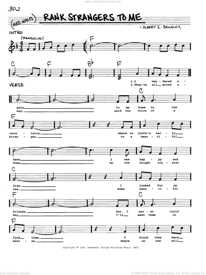 Rank Strangers To Me sheet music for voice and other instruments (real book with lyrics) by Albert E. Brumley, intermediate skill level