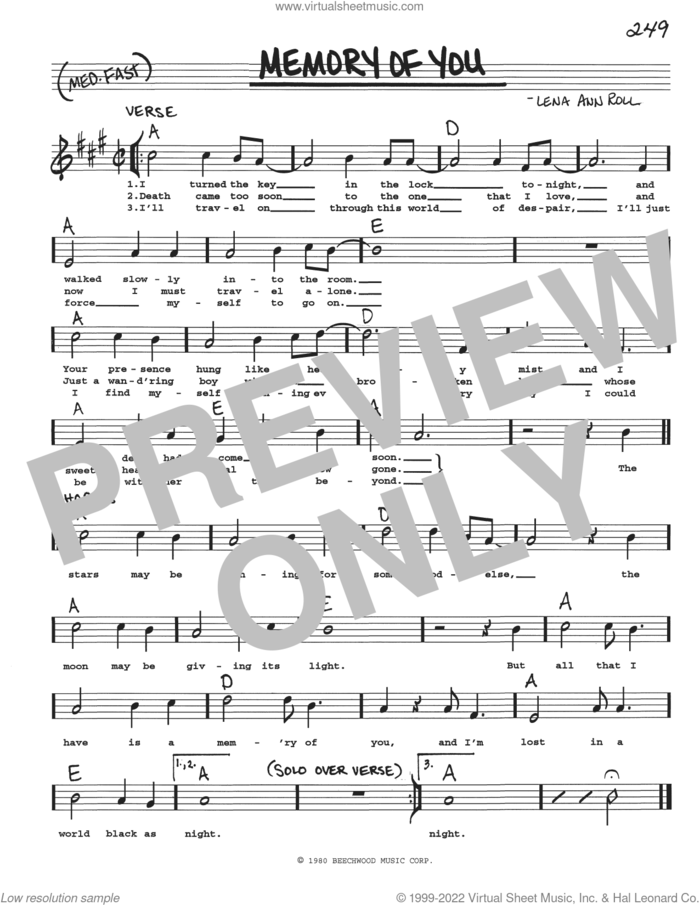 Memory Of You sheet music for voice and other instruments (real book with lyrics) by Lena Ann Roll, intermediate skill level