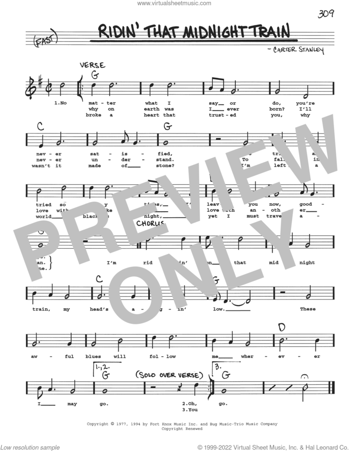 Ridin' That Midnight Train sheet music for voice and other instruments (real book with lyrics) by Carter Stanley, intermediate skill level