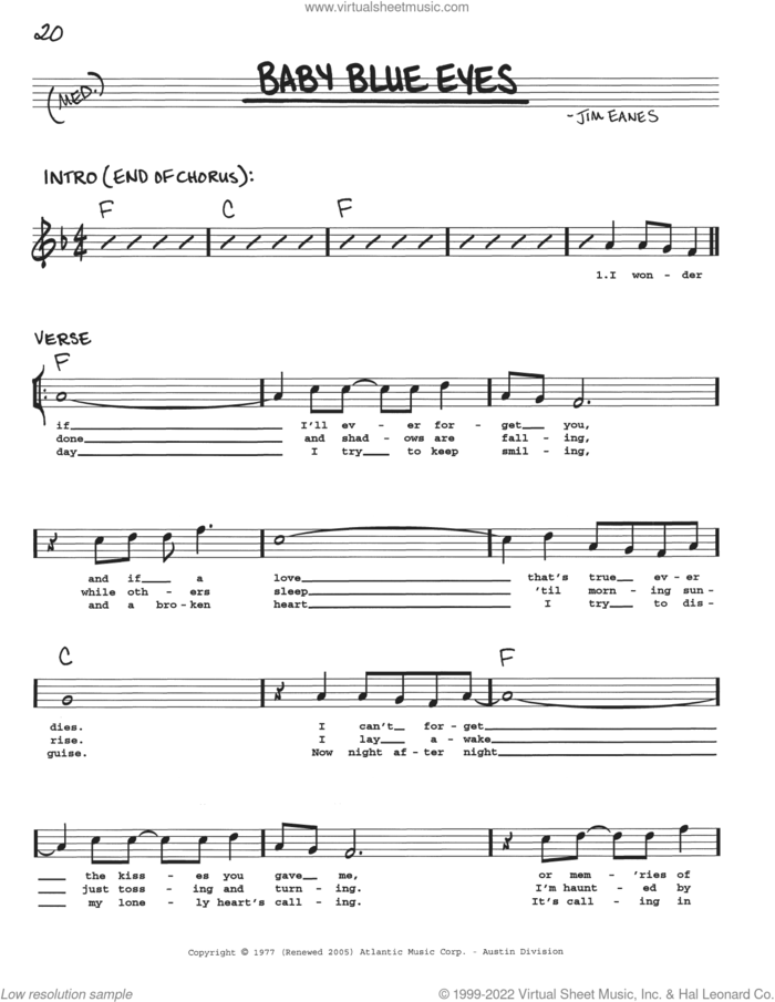 Baby Blue Eyes sheet music for voice and other instruments (real book with lyrics) by Jim Eanes, intermediate skill level