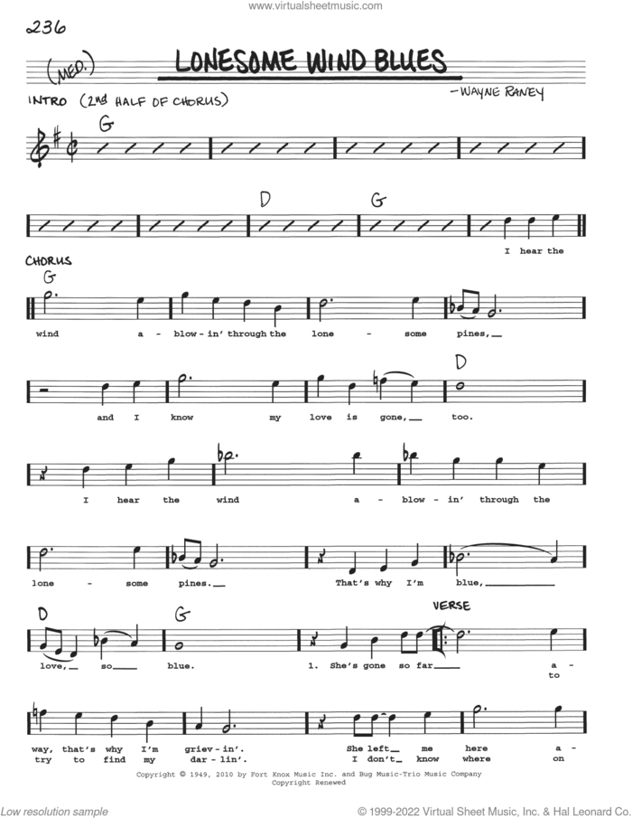 Lonesome Wind Blues sheet music for voice and other instruments (real book with lyrics) by Wayne Raney, intermediate skill level