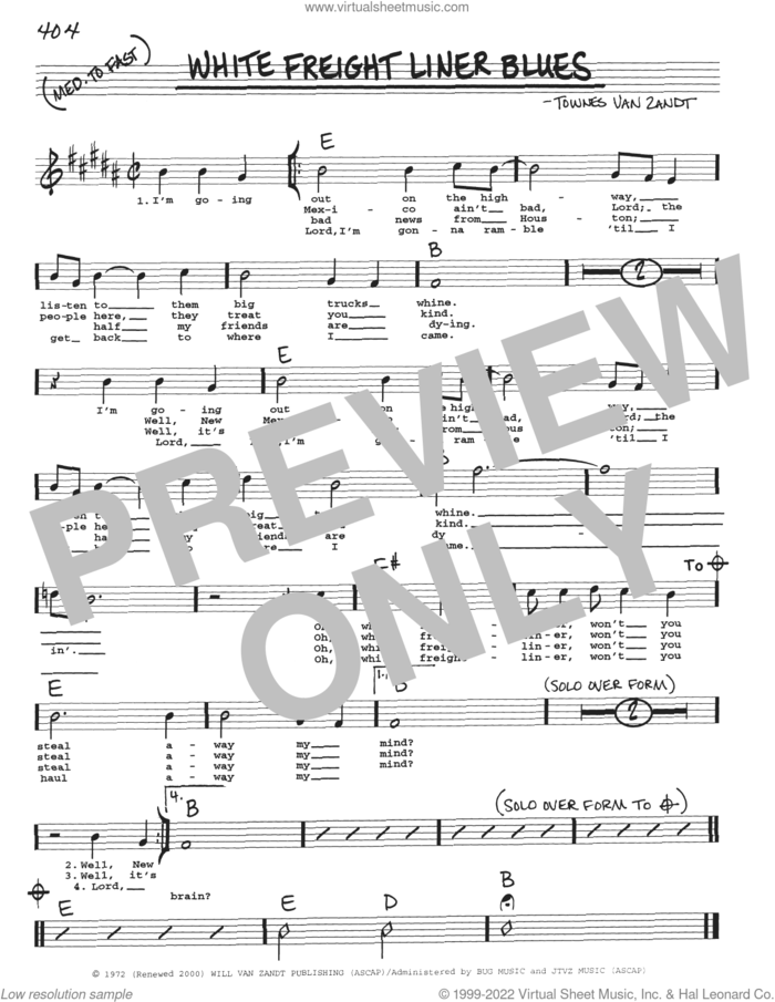 White Freight Liner Blues sheet music for voice and other instruments (real book with lyrics) by Townes Van Zandt, intermediate skill level