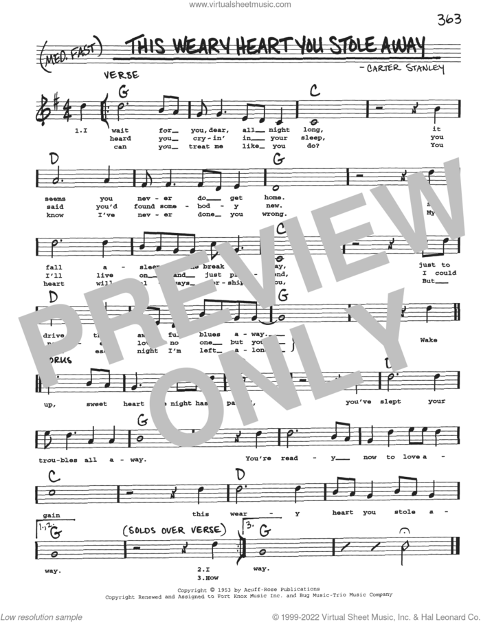 This Weary Heart You Stole Away sheet music for voice and other instruments (real book with lyrics) by Carter Stanley, intermediate skill level